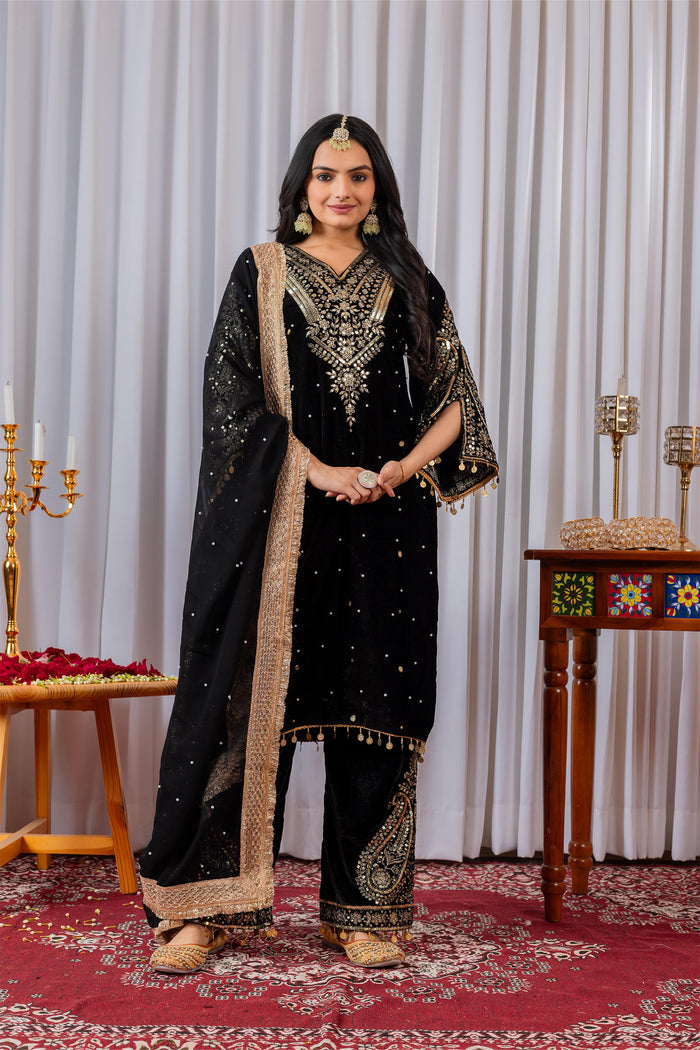 Black Velvet Embroidered Kurti Set