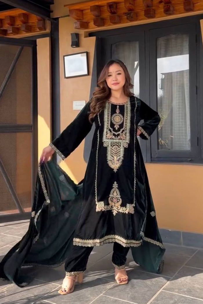 Black Velvet Embroidered Kurti Set