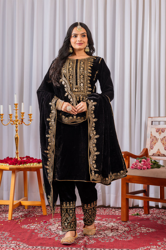 Black Velvet Embroidered Kurti Set