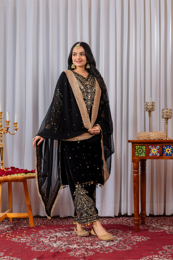 Black Velvet Embroidered Kurti Set