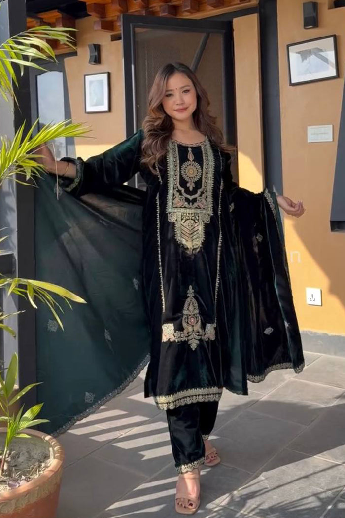 Black Velvet Embroidered Kurti Set