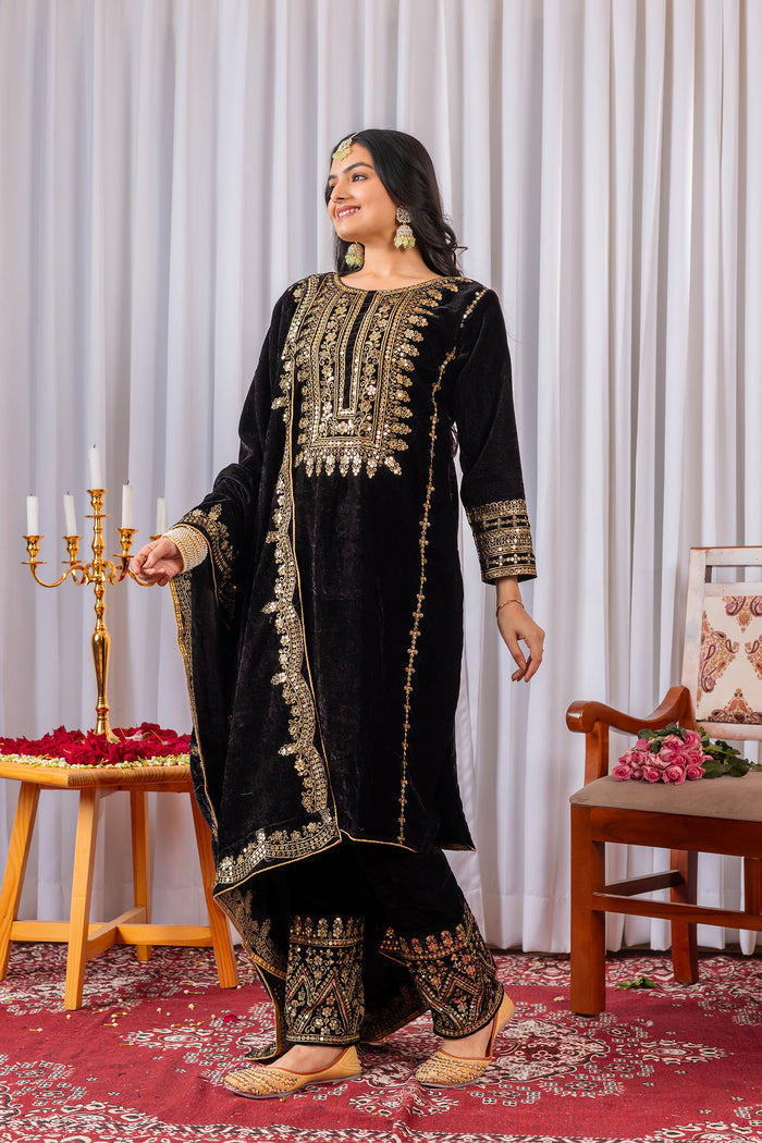 Black Velvet Embroidered Kurti Set