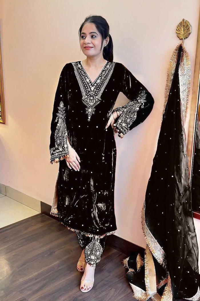 Black Velvet Embroidered Kurti Set