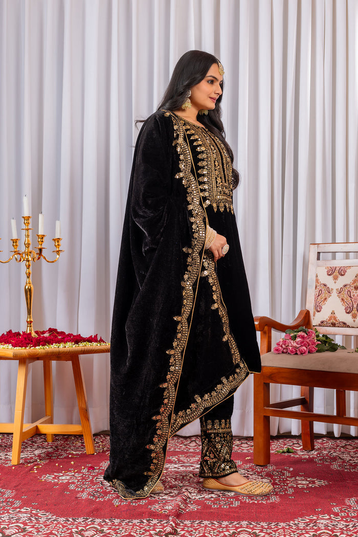 Black Velvet Embroidered Kurti Set