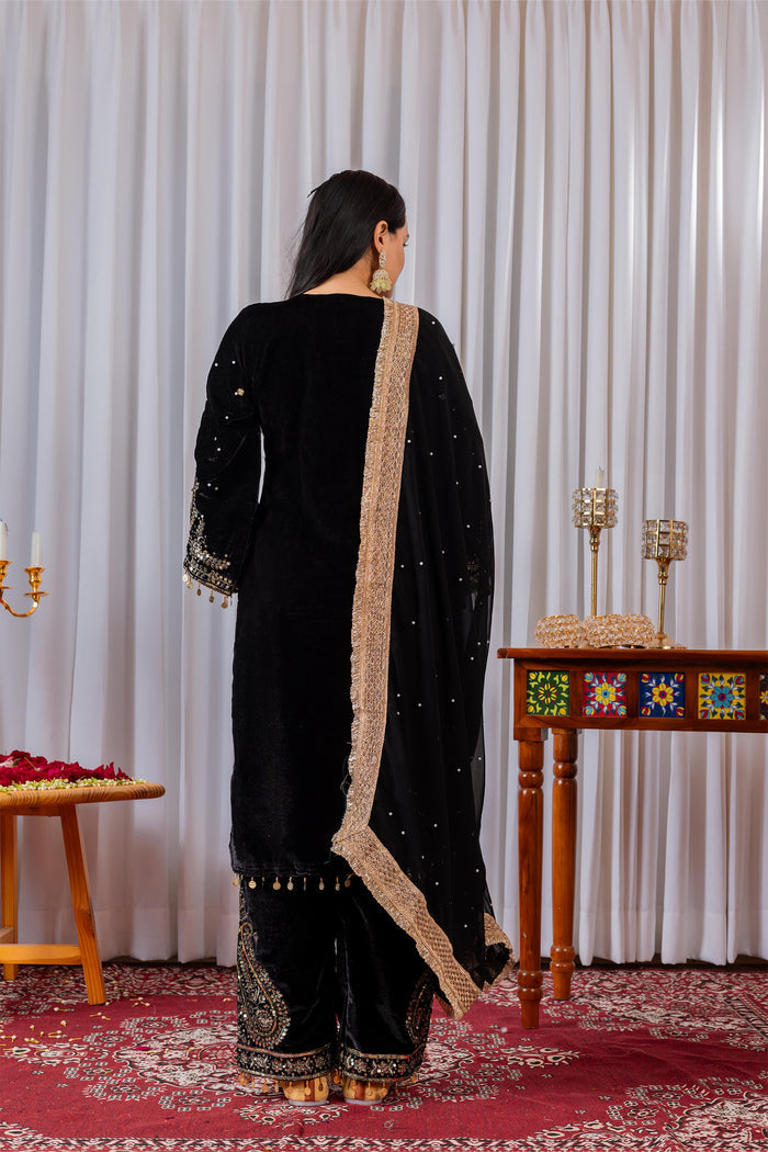 Black Velvet Embroidered Kurti Set