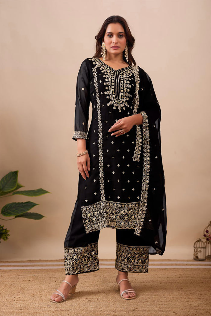 Black Velvet Floral Embroidered Kurta Set