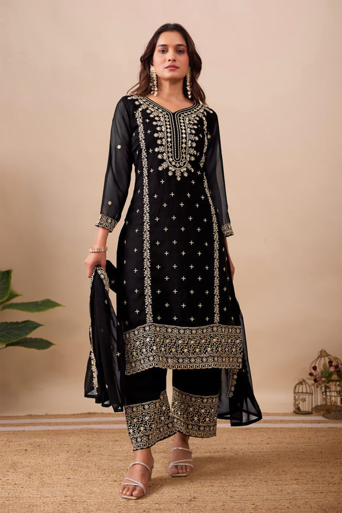 Black Velvet Floral Embroidered Kurta Set