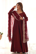 Blood Maroon Chanderi Solid Pattern Anarkali Set
