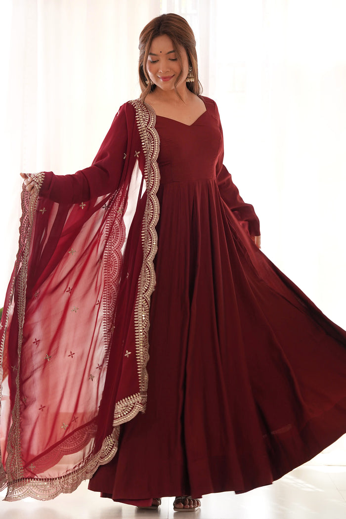 Blood Maroon Chanderi Solid Pattern Anarkali Set