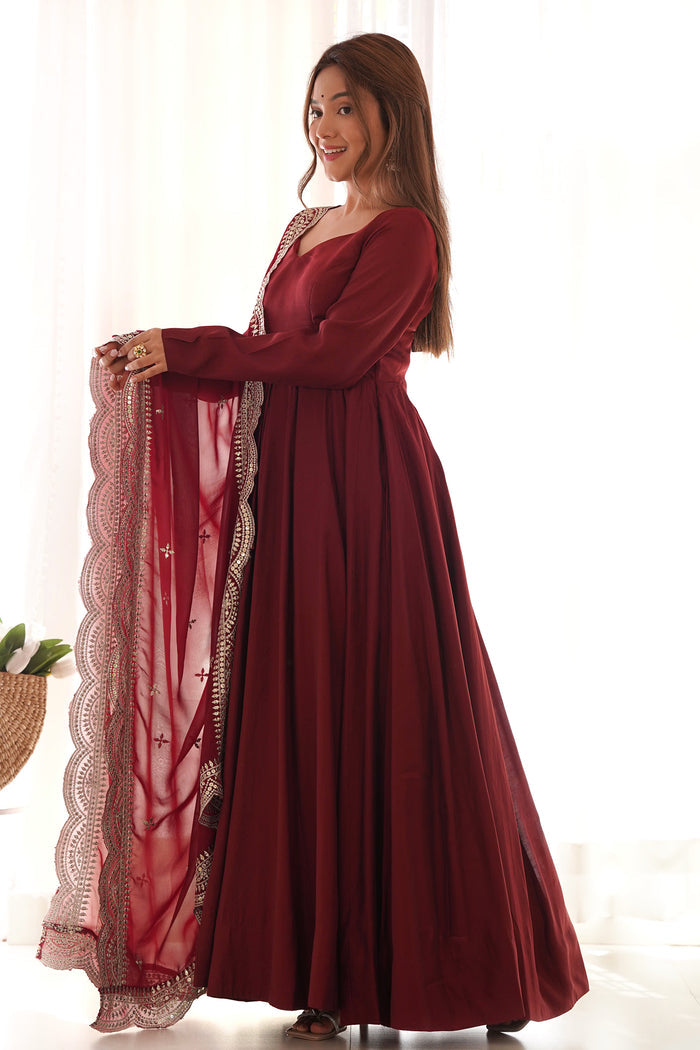 Blood Maroon Chanderi Solid Pattern Anarkali Set
