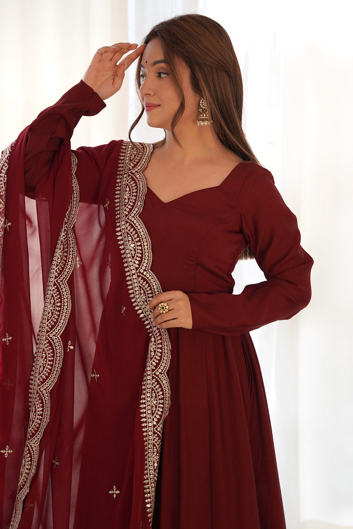 Blood Maroon Chanderi Solid Pattern Anarkali Set
