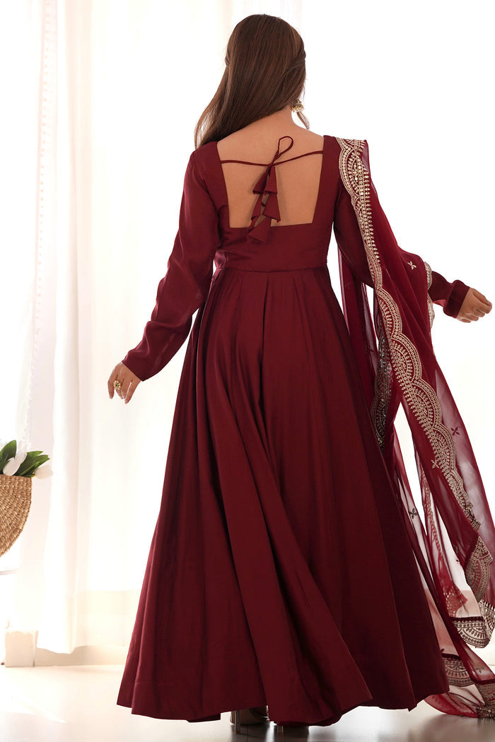 Blood Maroon Chanderi Solid Pattern Anarkali Set