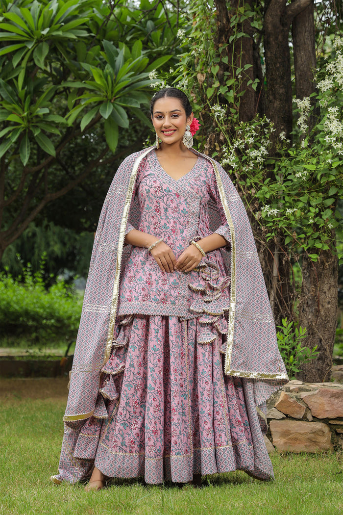 Blossom Pink Cotton Floral Printed Lehenga Set