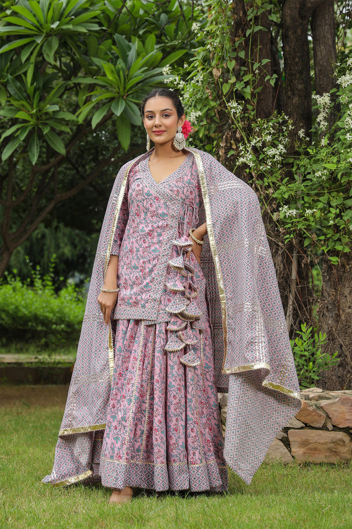 <img> Blossom Pink Cotton Floral Printed Lehenga Set
