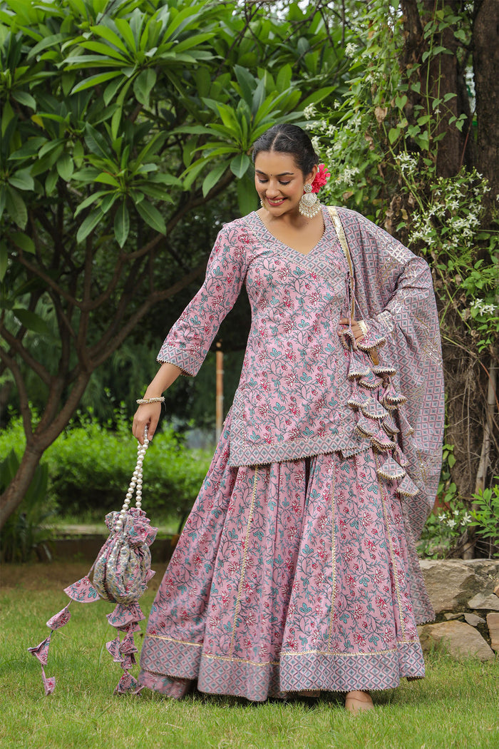 <img> Blossom Pink Cotton Floral Printed Lehenga Set