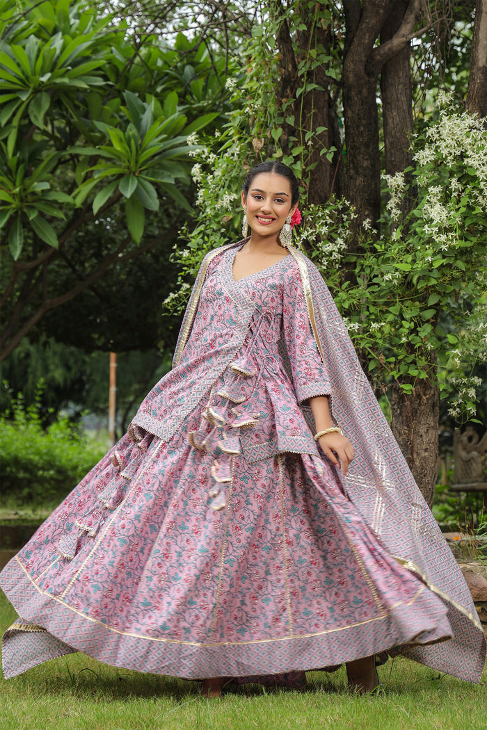 <img> Blossom Pink Cotton Floral Printed Lehenga Set