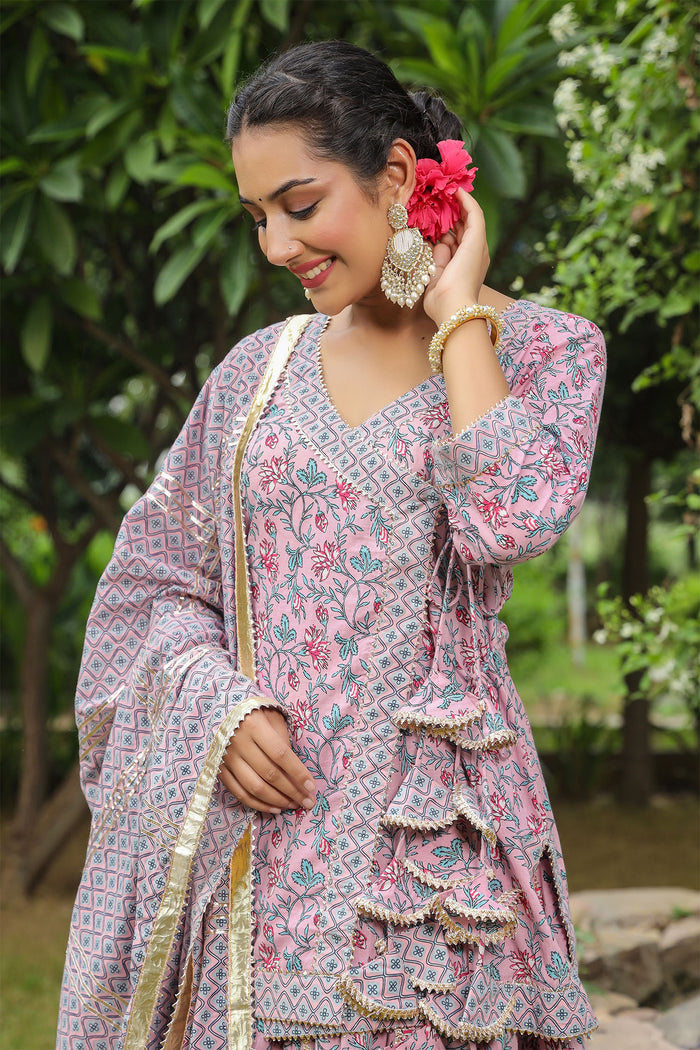 <img> Blossom Pink Cotton Floral Printed Lehenga Set