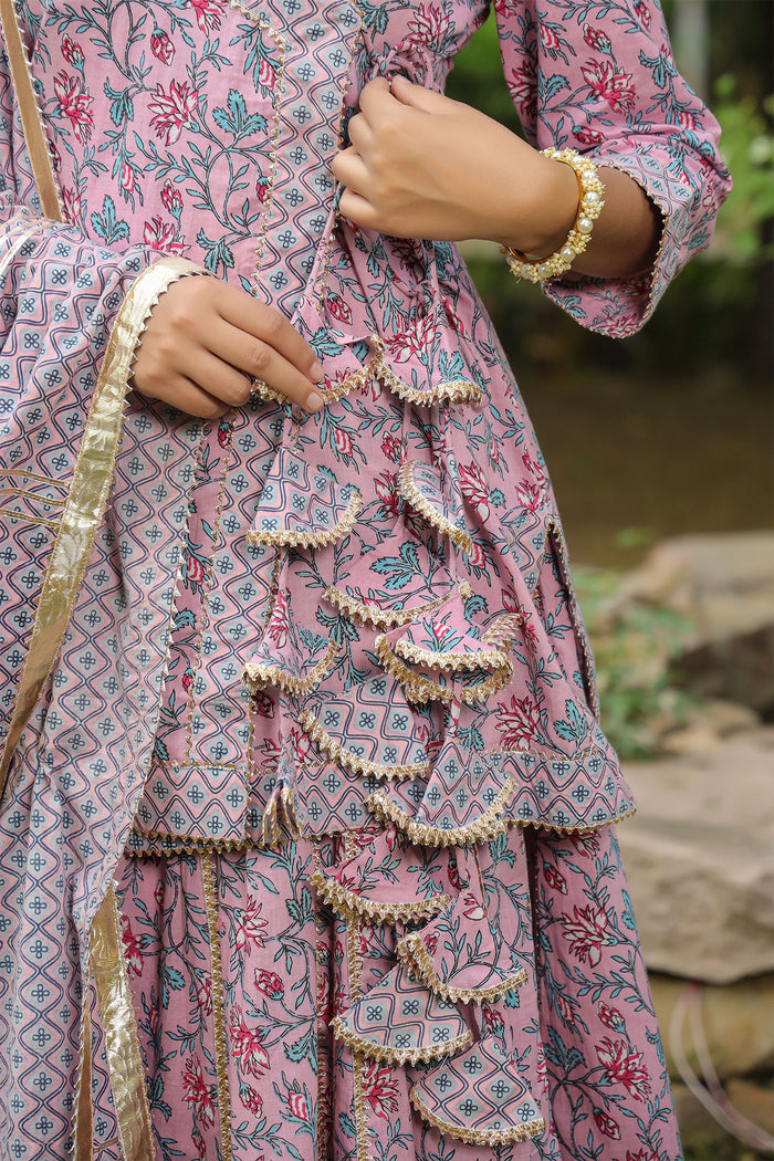 <img> Blossom Pink Cotton Floral Printed Lehenga Set