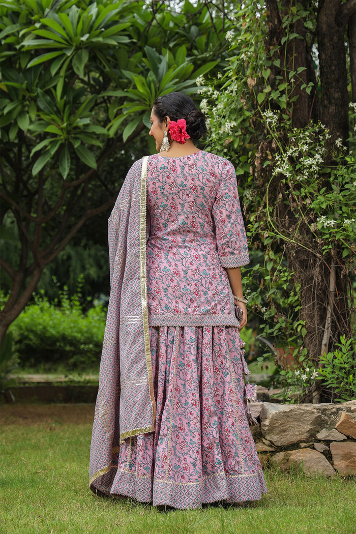 <img> Blossom Pink Cotton Floral Printed Lehenga Set