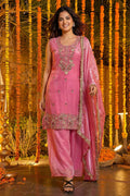 Blossom Pink Floral Embroidered Silk Kurta Set