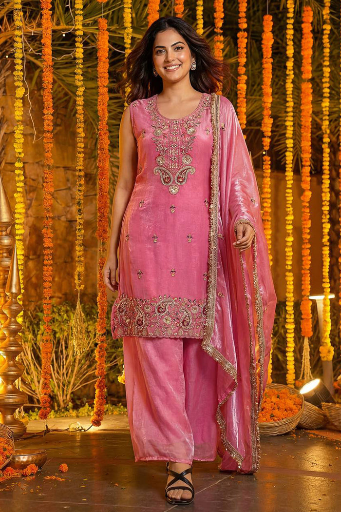 Blossom Pink Floral Embroidered Silk Kurta Set