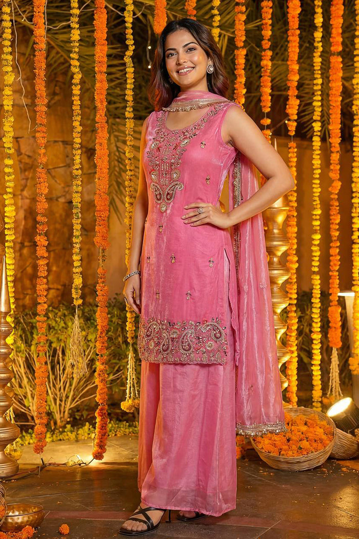 Blossom Pink Floral Embroidered Silk Kurta Set