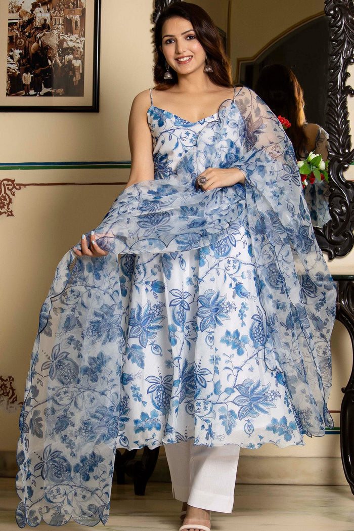 Blue And White Chanderi Suit Set