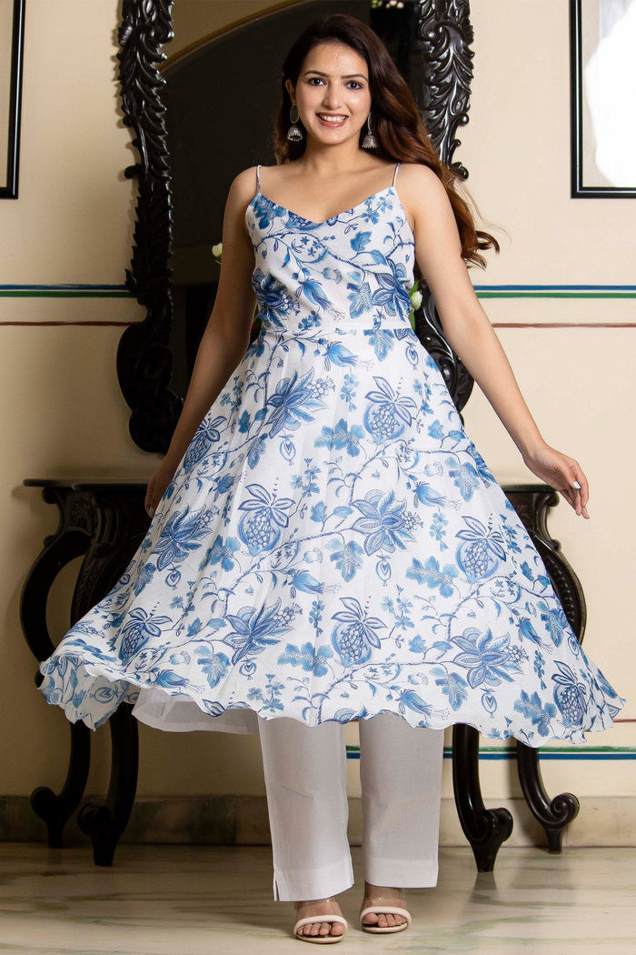 Blue And White Chanderi Suit Set