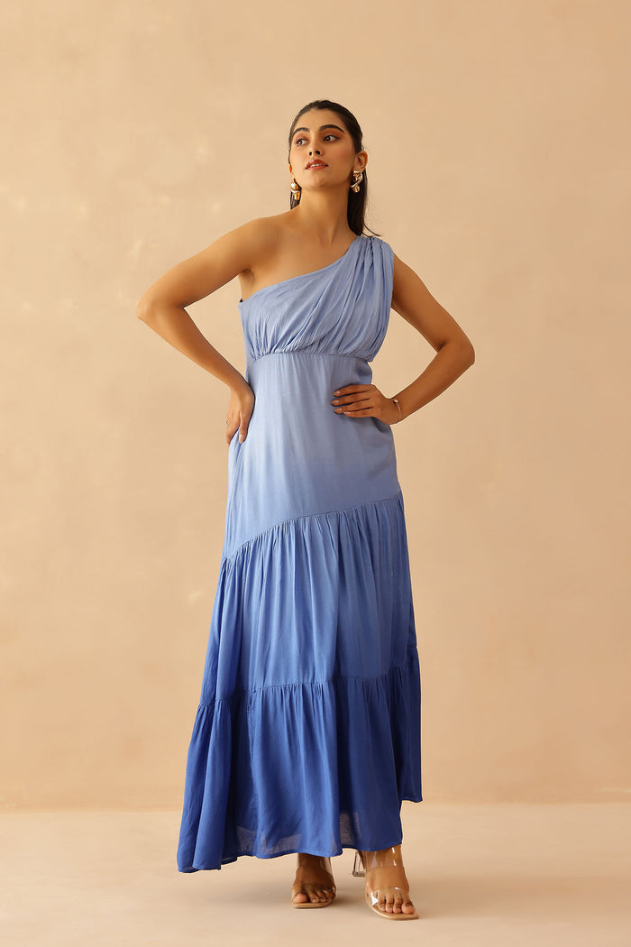 Blue Cascade Cotton Santoon Solid Dress