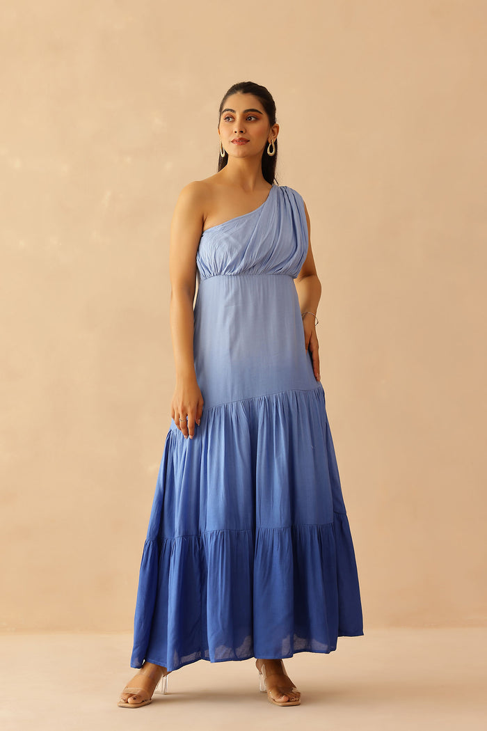 Blue Cascade Cotton Santoon Solid Dress