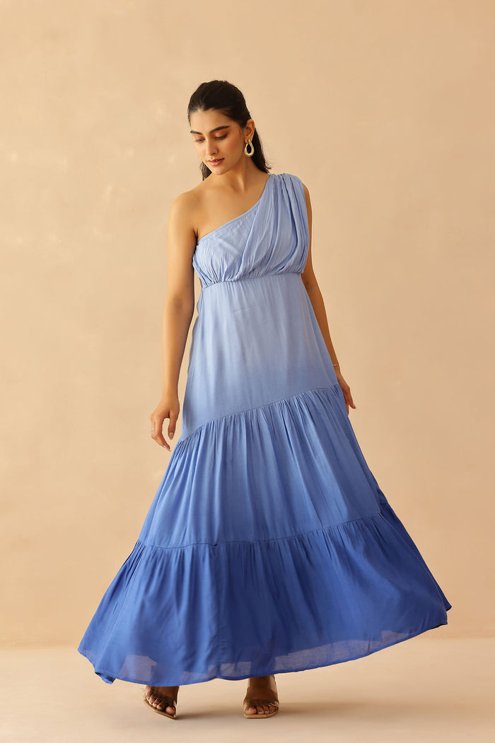Blue Cascade Cotton Santoon Solid Dress
