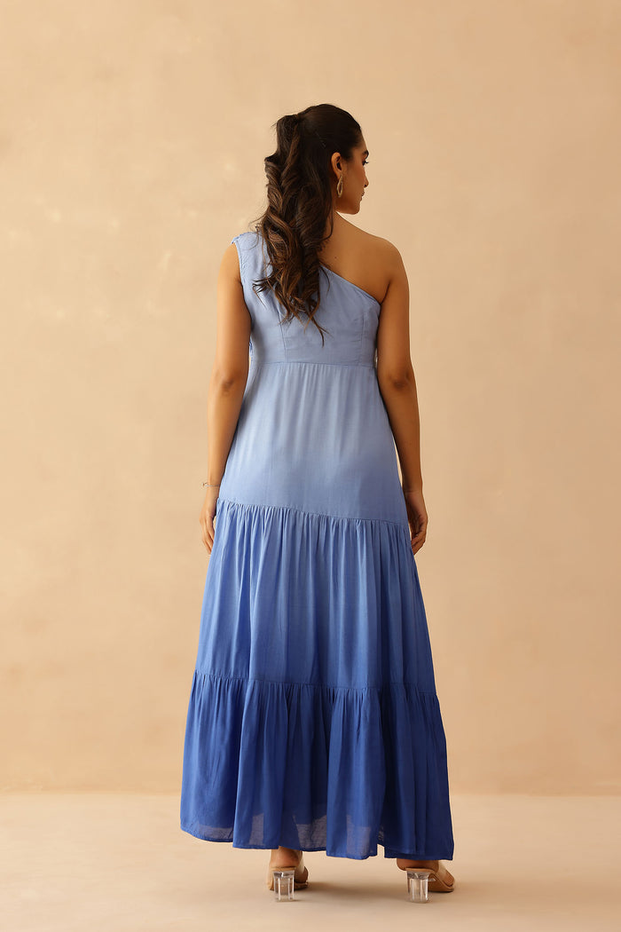 Blue Cascade Cotton Santoon Solid Dress