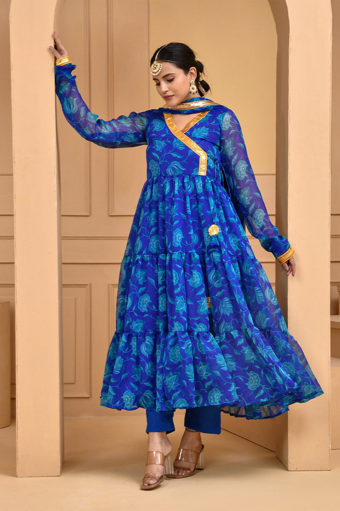 <img> Blue Chiffon Anarkali Set With Printed Design