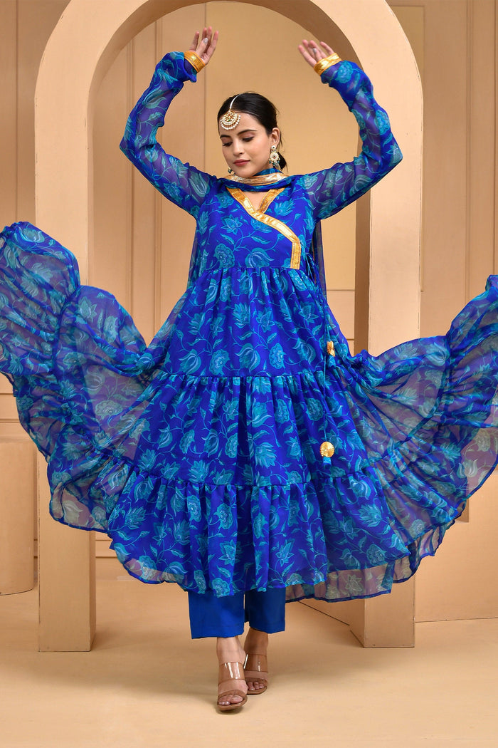 <img> Blue Chiffon Anarkali Set With Printed Design