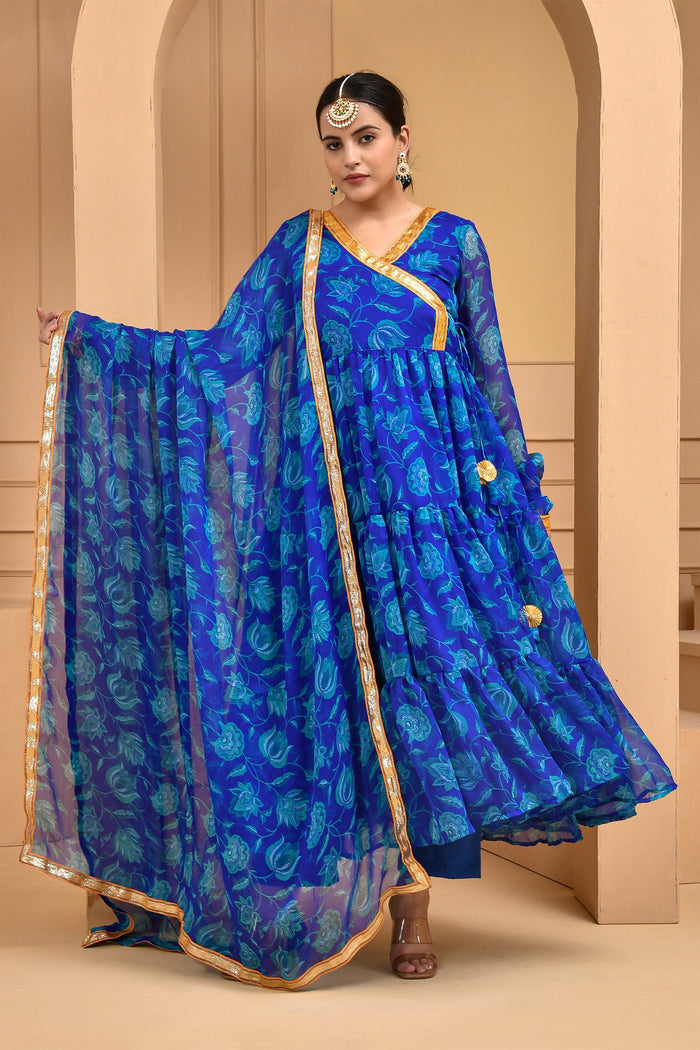 <img> Blue Chiffon Anarkali Set With Printed Design
