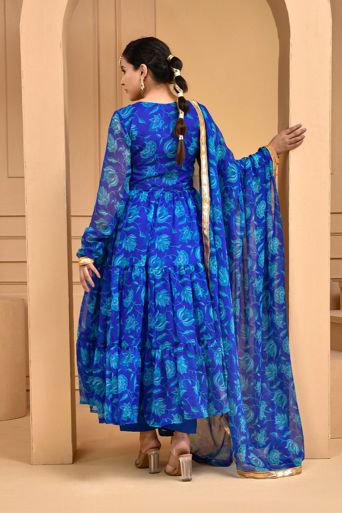 <img> Blue Chiffon Anarkali Set With Printed Design