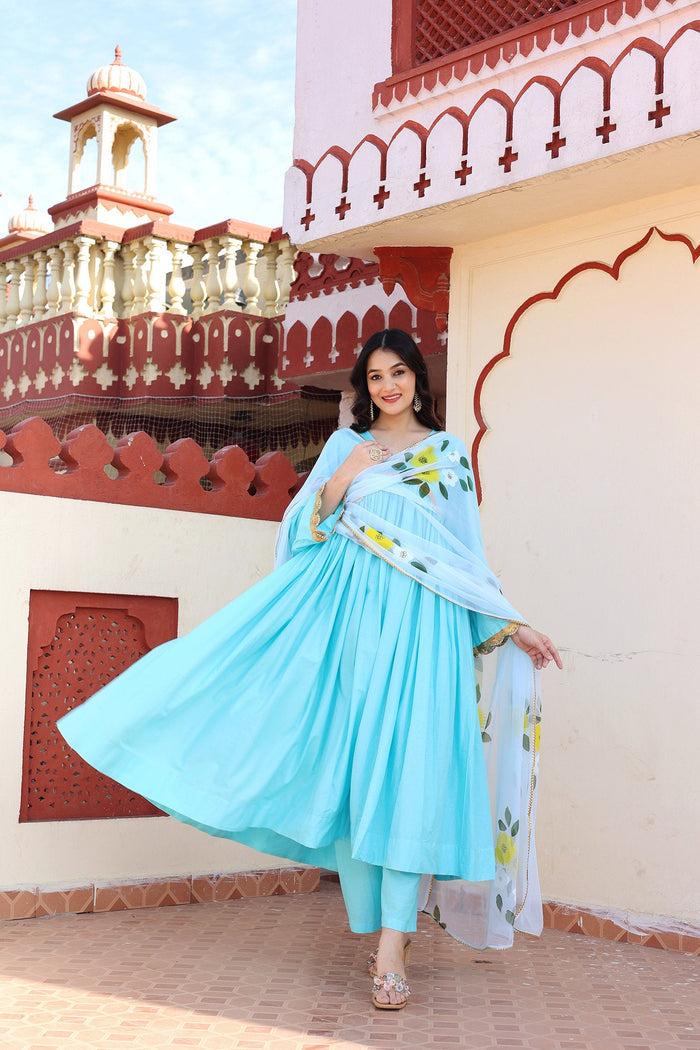 <img> Blue Cotton Anarkali Set With Hand Painted Design