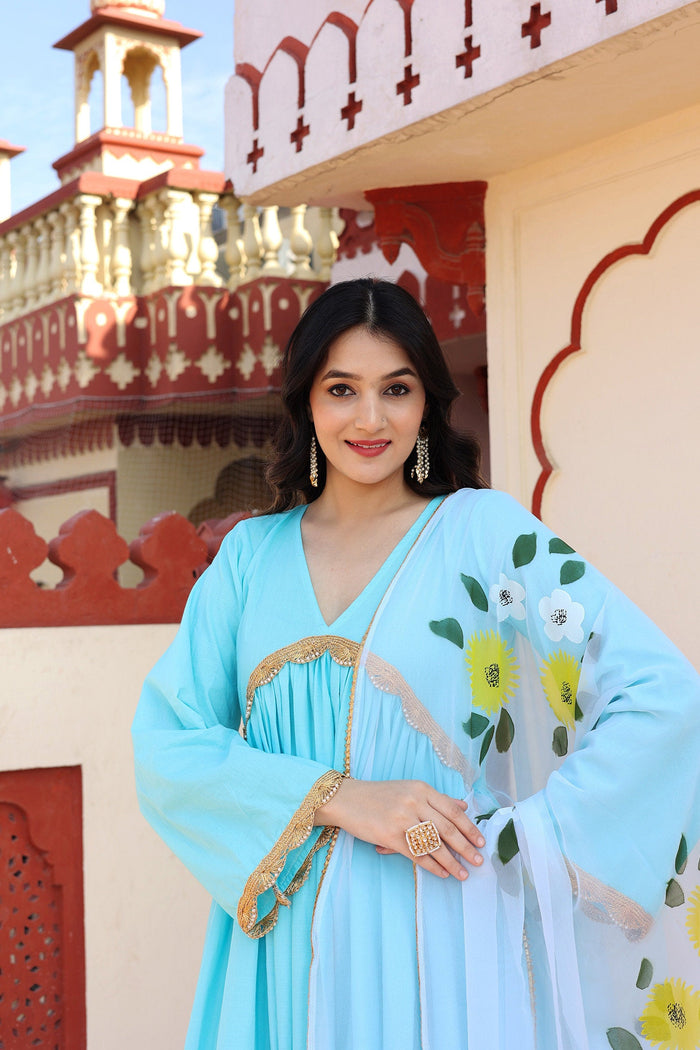 <img> Blue Cotton Anarkali Set With Hand Painted Design