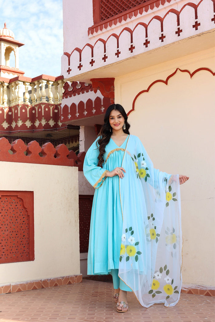 <img> Blue Cotton Anarkali Set With Hand Painted Design
