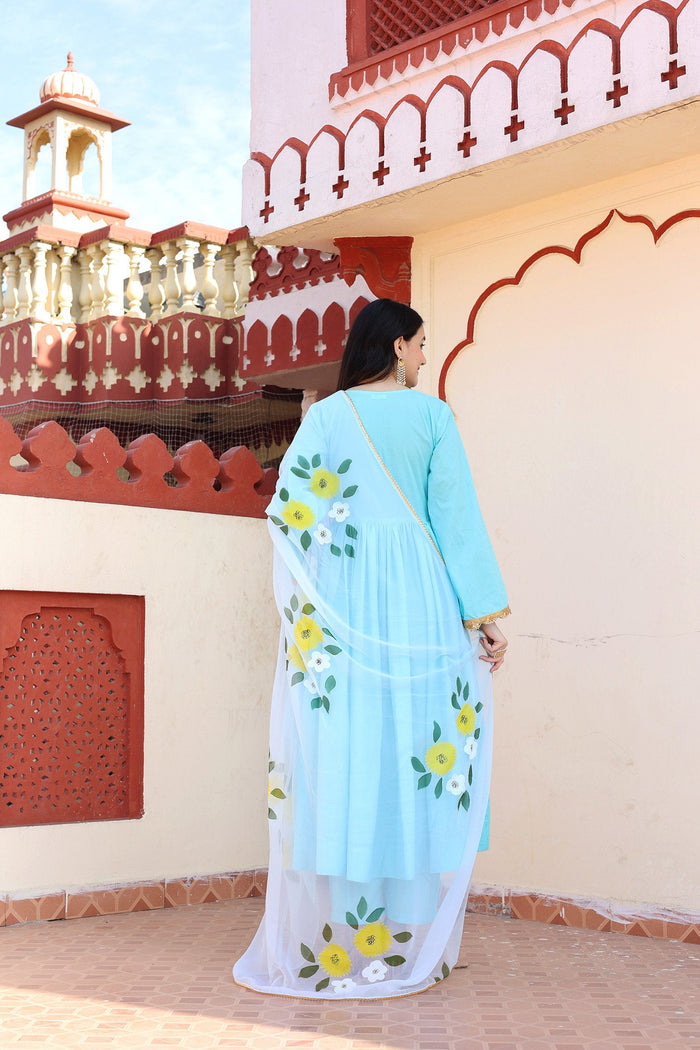 <img> Blue Cotton Anarkali Set With Hand Painted Design