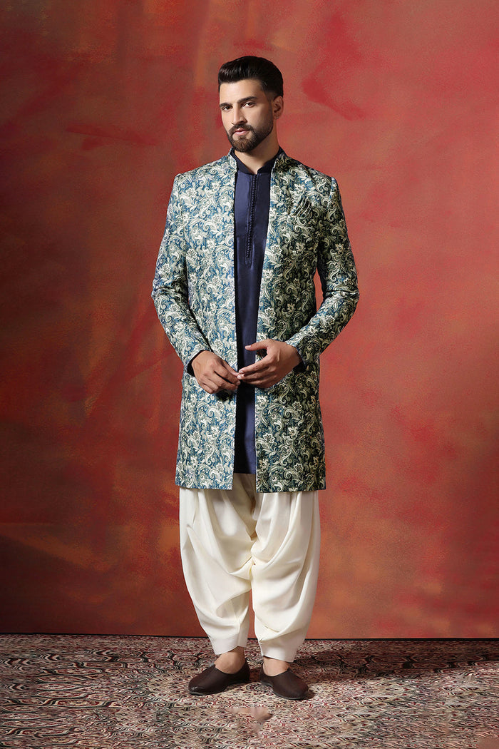 Blue Cotton Blend Printed Sherwani Set