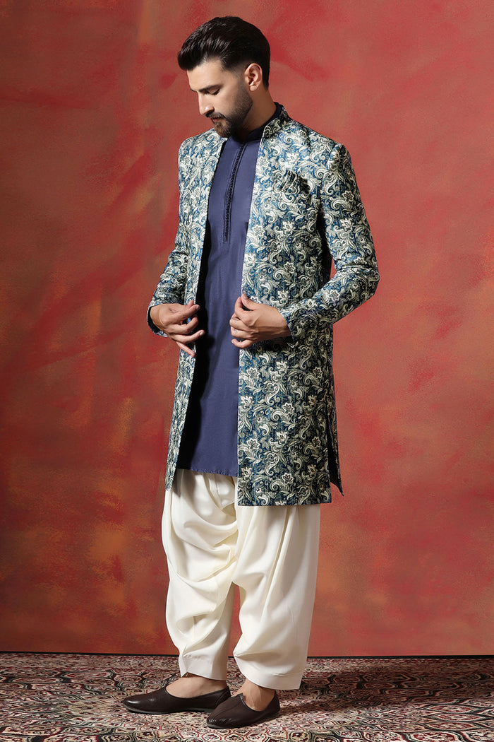 Blue Cotton Blend Printed Sherwani Set