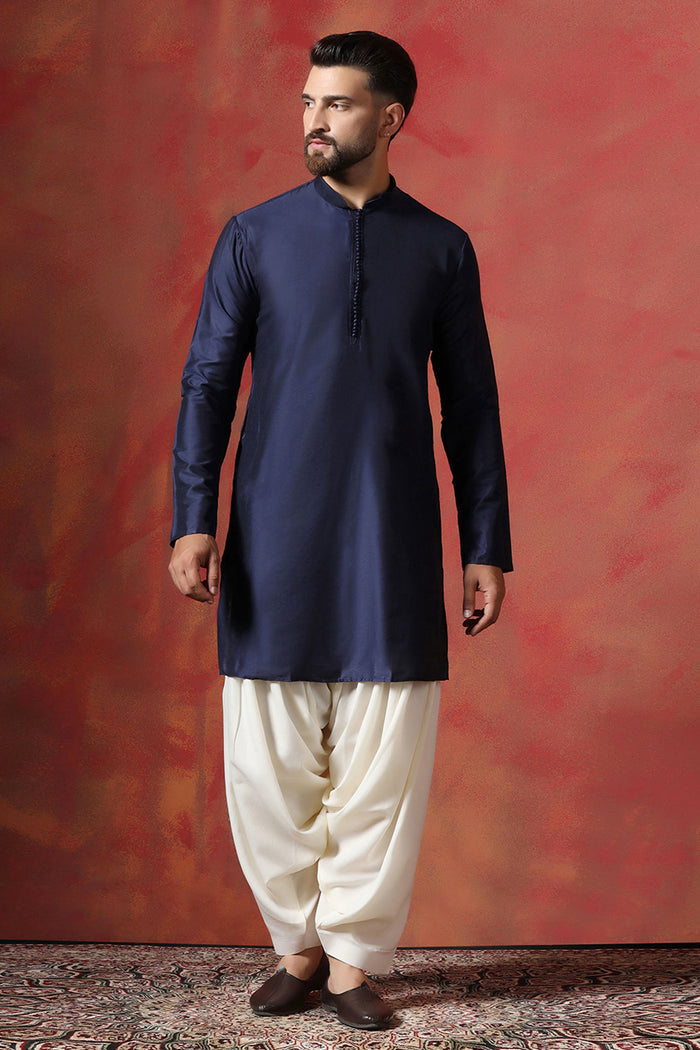 Blue Cotton Blend Printed Sherwani Set