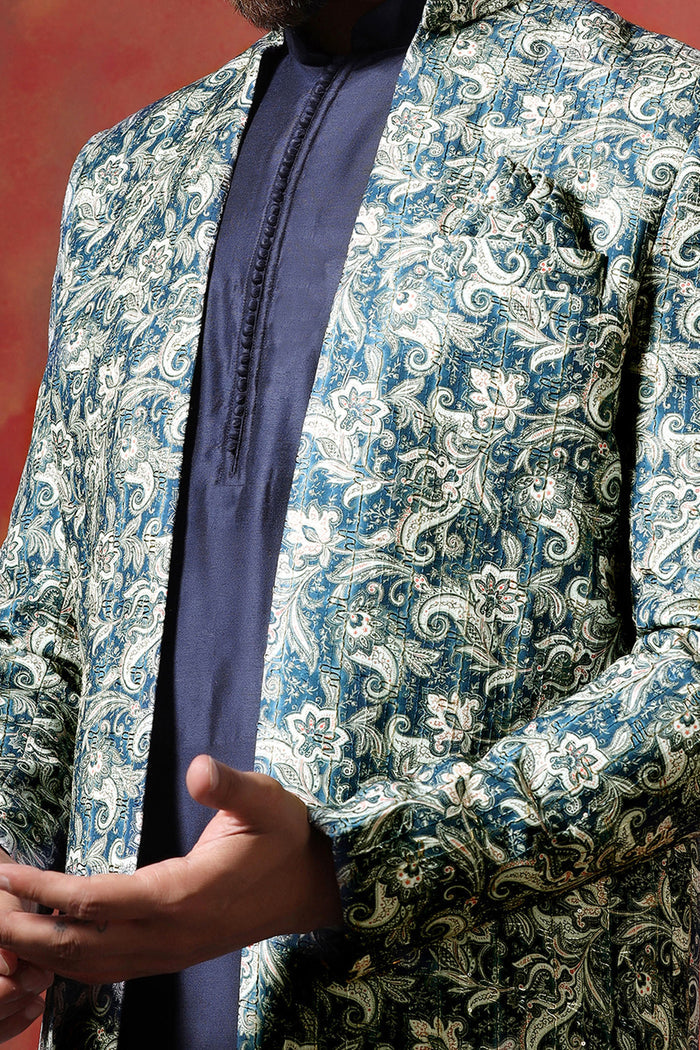 Blue Cotton Blend Printed Sherwani Set
