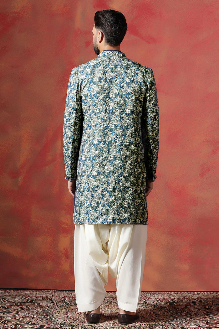 Blue Cotton Blend Printed Sherwani Set