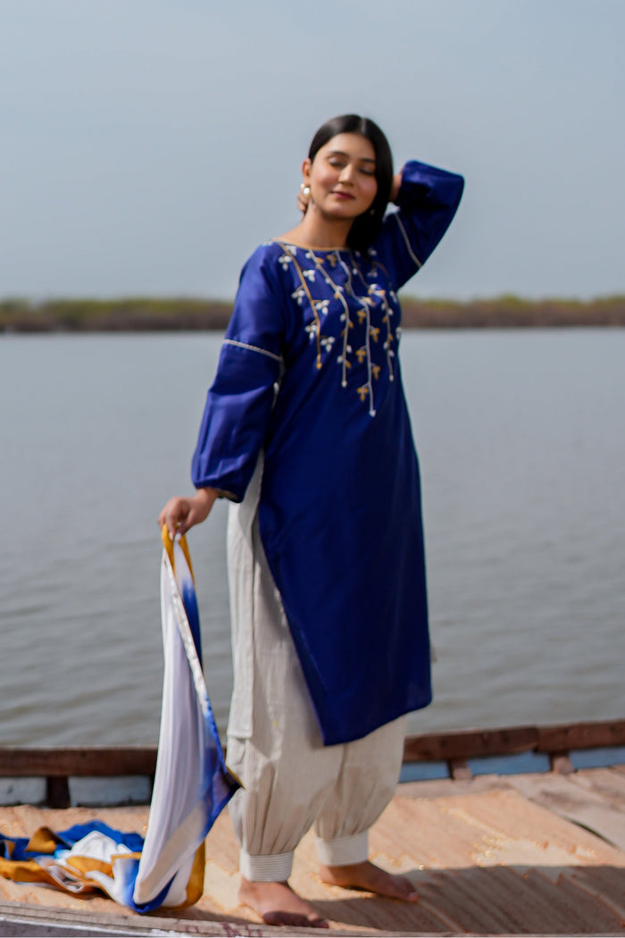 <img> Blue Cotton Kurta Set With Hand Embroidery And Leheriya Dupatta