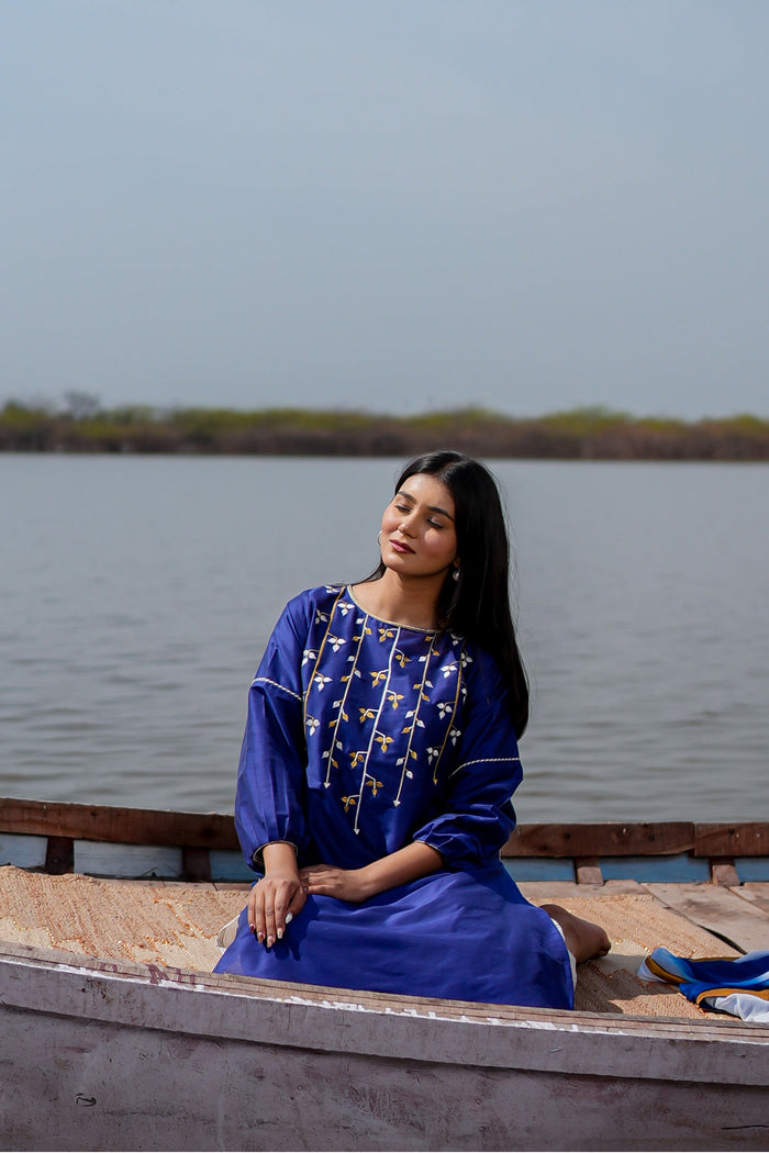 <img> Blue Cotton Kurta Set With Hand Embroidery And Leheriya Dupatta