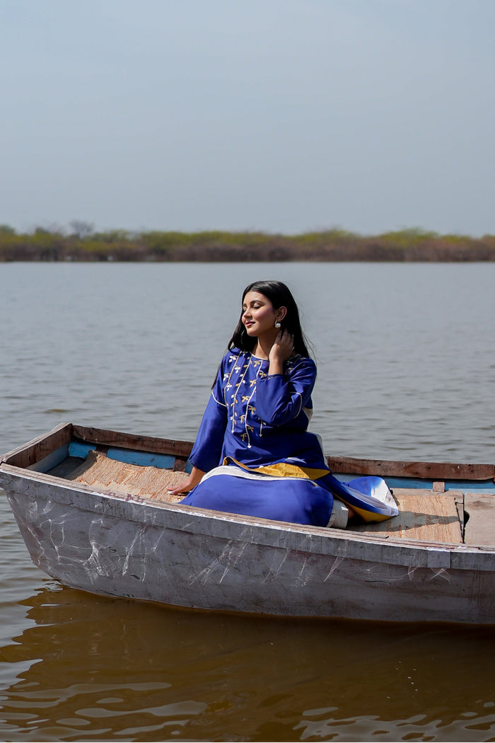 <img> Blue Cotton Kurta Set With Hand Embroidery And Leheriya Dupatta