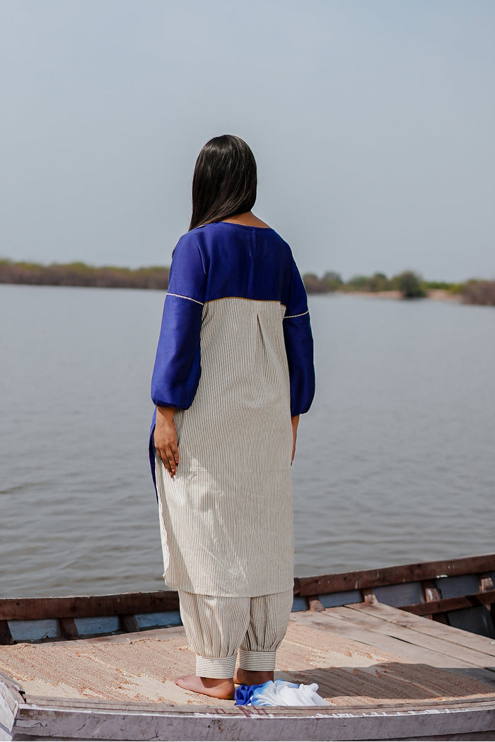 <img> Blue Cotton Kurta Set With Hand Embroidery And Leheriya Dupatta
