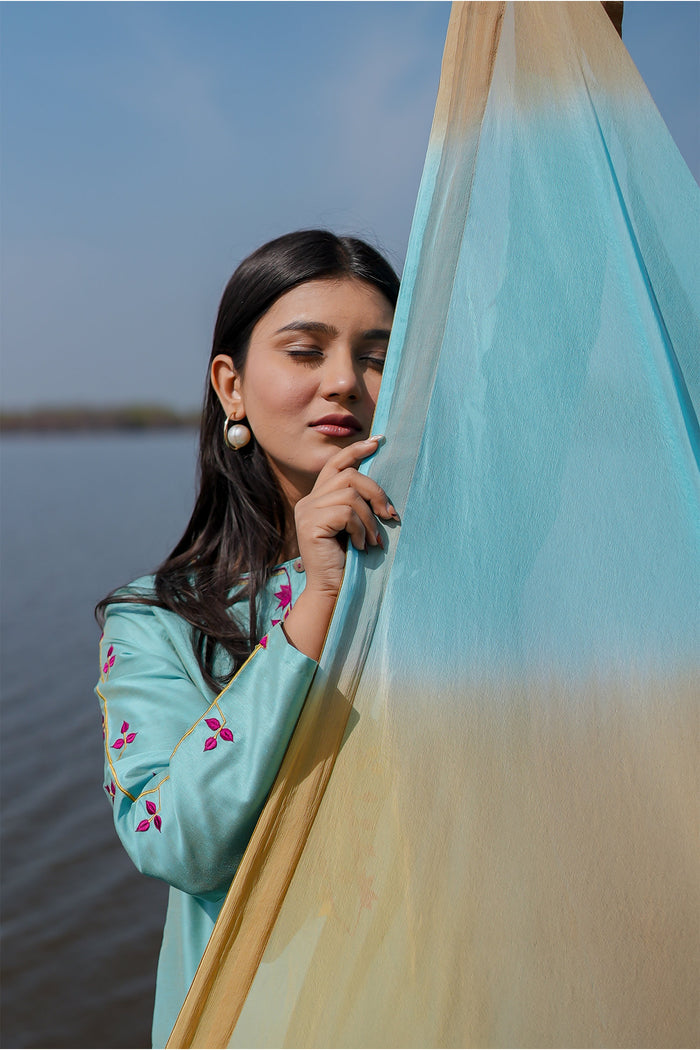 <img> Blue Cotton Kurta Set With Hand Embroidery